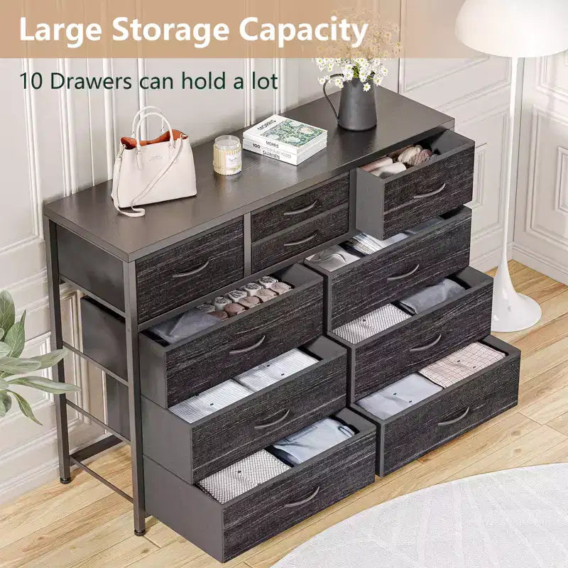 Commode à 10 tiroirs pour chambre, commode avec bacs en tissu, meuble TV pour téléviseurs jusqu'à 5 pouces, organisateur de rangement
