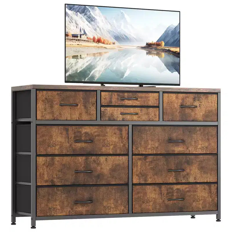 Commode à 10 tiroirs pour chambre, commode avec bacs en tissu, meuble TV pour téléviseurs jusqu'à 5 pouces, organisateur de rangement