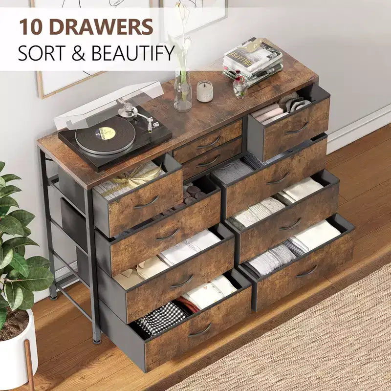 Commode à 10 tiroirs pour chambre, commode avec bacs en tissu, meuble TV pour téléviseurs jusqu'à 5 pouces, organisateur de rangement