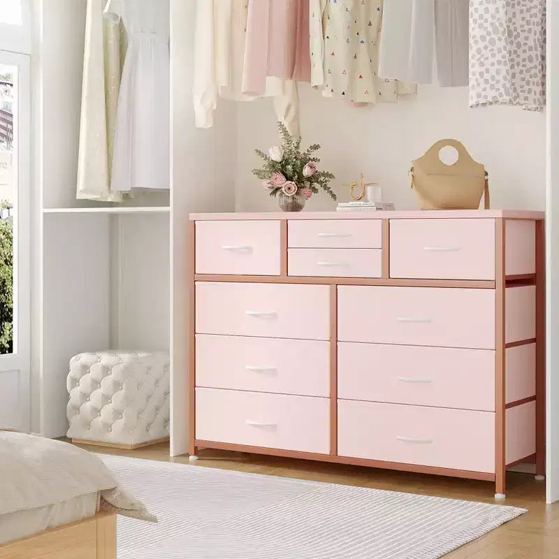 Commode à 10 tiroirs pour chambre, commode avec bacs en tissu, meuble TV pour téléviseurs jusqu'à 5 pouces, organisateur de rangement