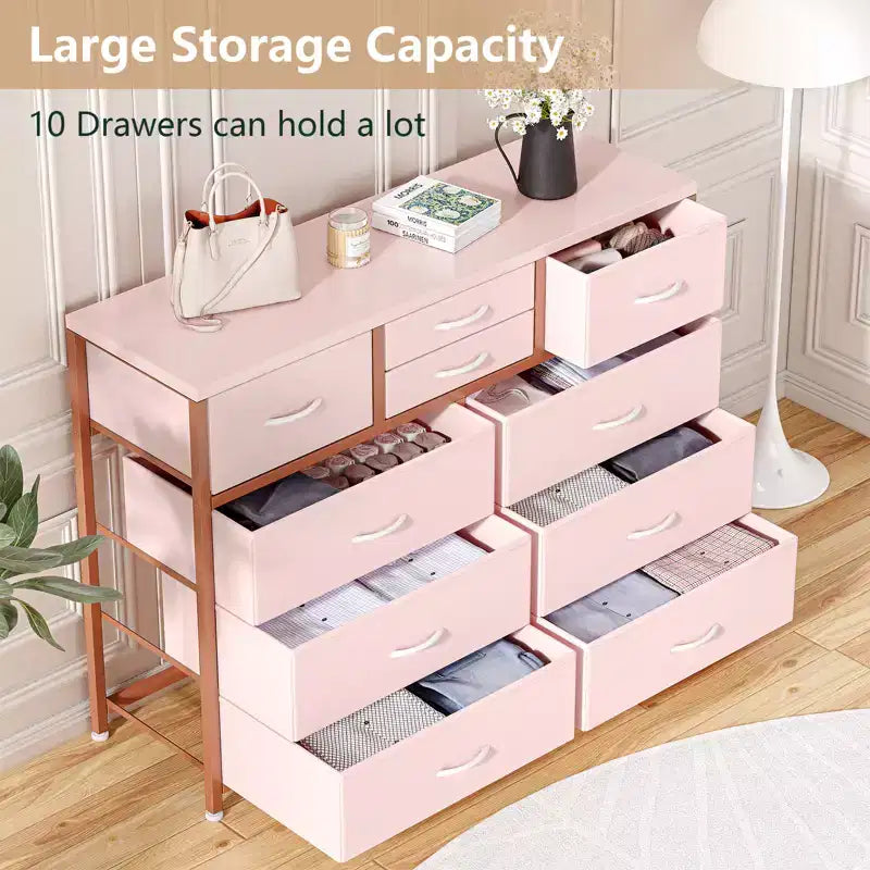 Commode à 10 tiroirs pour chambre, commode avec bacs en tissu, meuble TV pour téléviseurs jusqu'à 5 pouces, organisateur de rangement