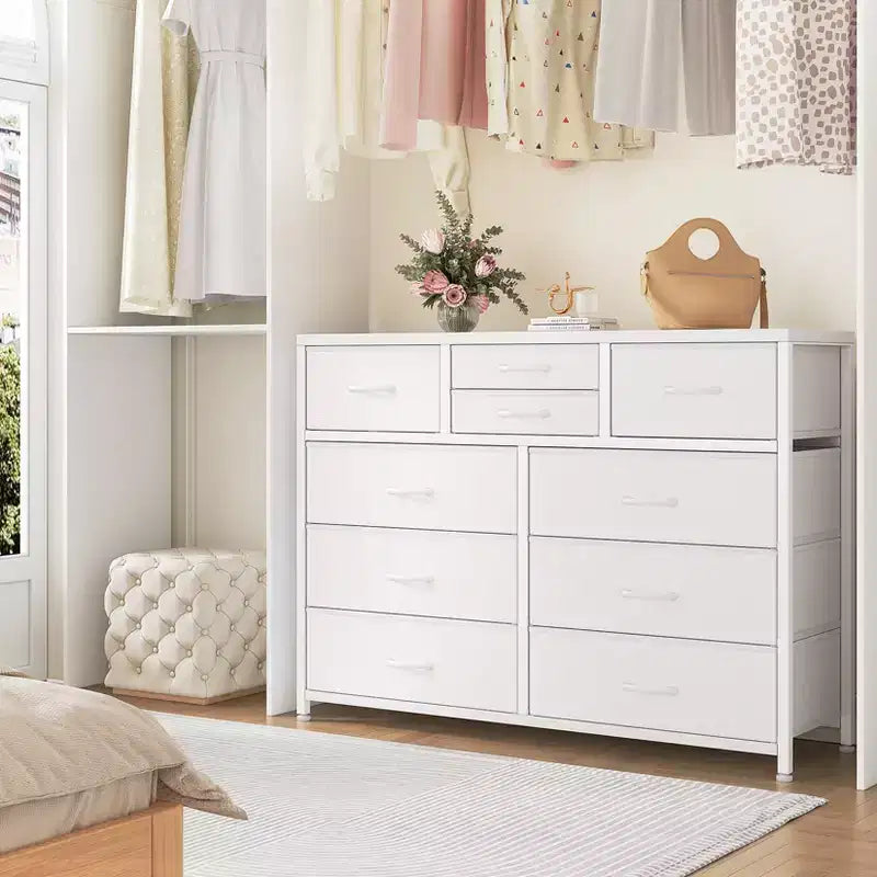 Commode à 10 tiroirs pour chambre, commode avec bacs en tissu, meuble TV pour téléviseurs jusqu'à 5 pouces, organisateur de rangement