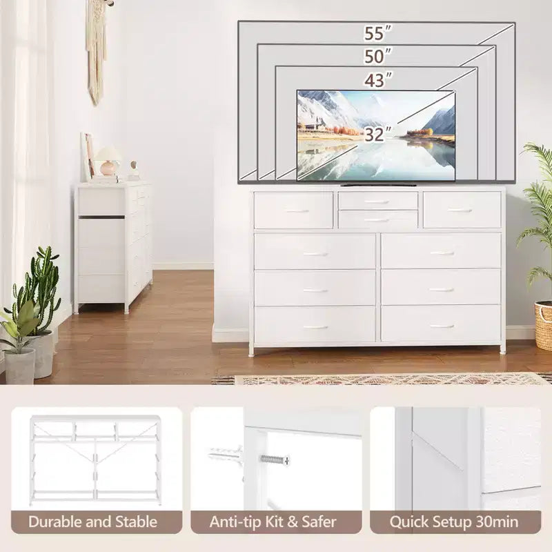 Commode à 10 tiroirs pour chambre, commode avec bacs en tissu, meuble TV pour téléviseurs jusqu'à 5 pouces, organisateur de rangement