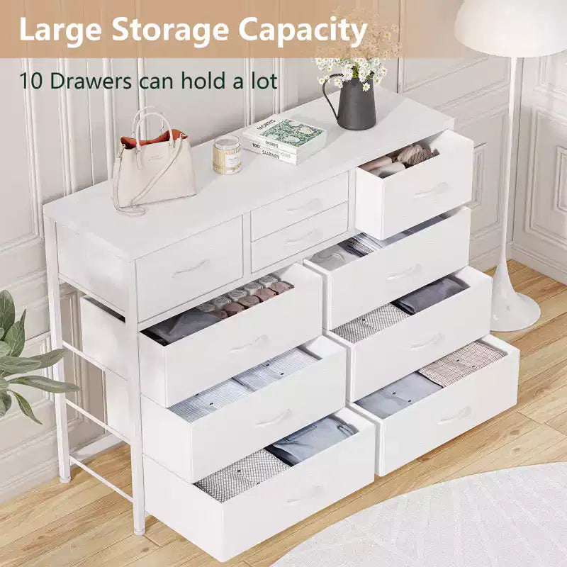 Commode à 10 tiroirs pour chambre, commode avec bacs en tissu, meuble TV pour téléviseurs jusqu'à 5 pouces, organisateur de rangement