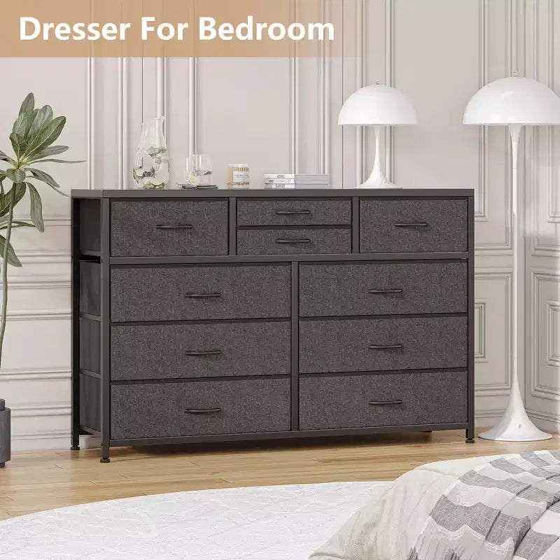 Commode à 10 tiroirs pour chambre, commode avec bacs en tissu, meuble TV pour téléviseurs jusqu'à 5 pouces, organisateur de rangement