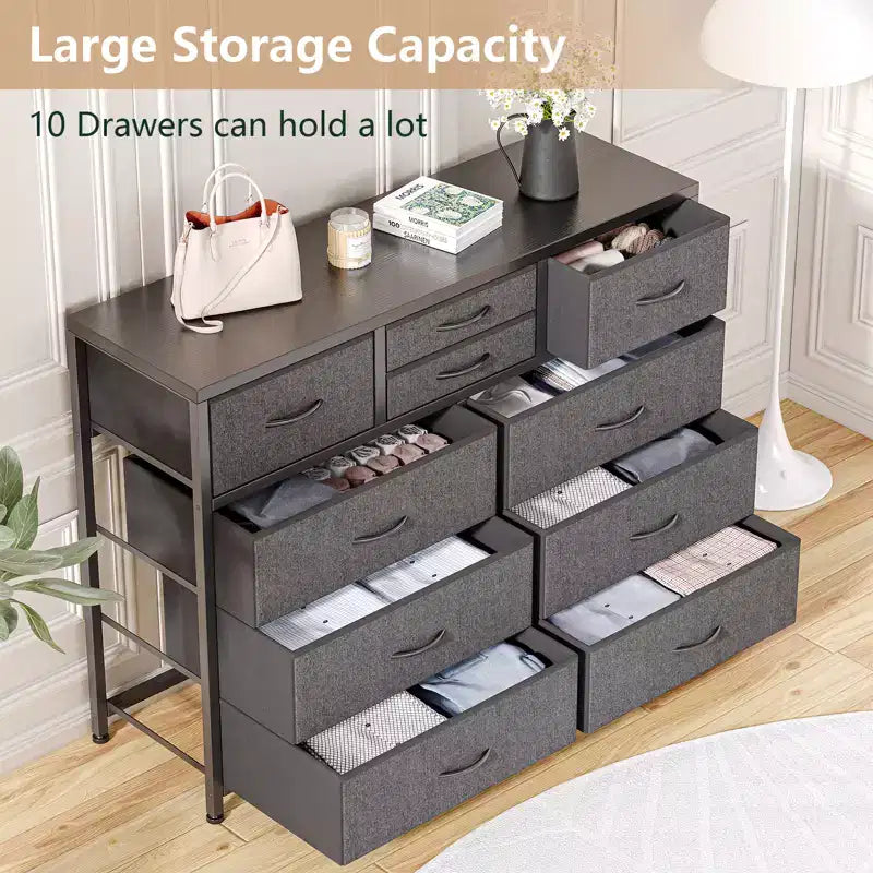 Commode à 10 tiroirs pour chambre, commode avec bacs en tissu, meuble TV pour téléviseurs jusqu'à 5 pouces, organisateur de rangement