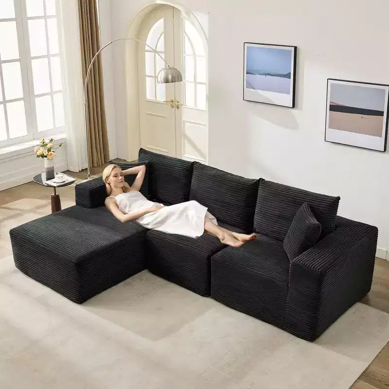 Canapé moderne 108, canapé 3 places rembourré en forme de L avec oreillers, canapé à assise profonde, aucun assemblage requis