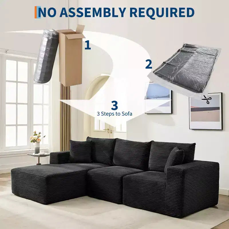 Canapé moderne 108, canapé 3 places rembourré en forme de L avec oreillers, canapé à assise profonde, aucun assemblage requis