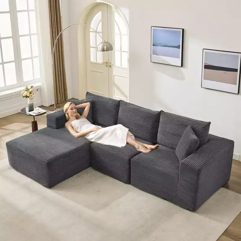 Canapé moderne 108, canapé 3 places rembourré en forme de L avec oreillers, canapé à assise profonde, aucun assemblage requis