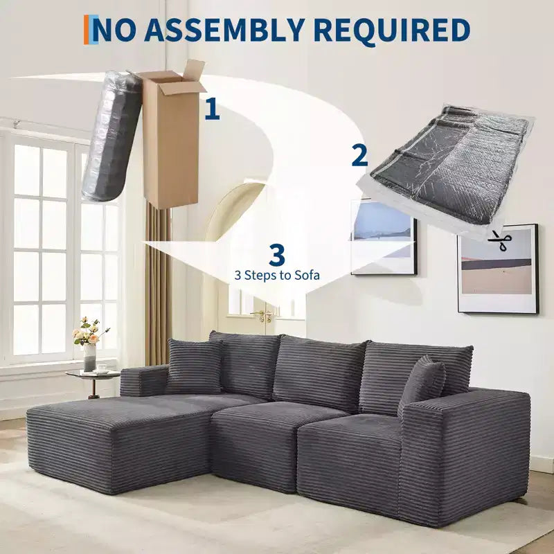 Canapé moderne 108, canapé 3 places rembourré en forme de L avec oreillers, canapé à assise profonde, aucun assemblage requis