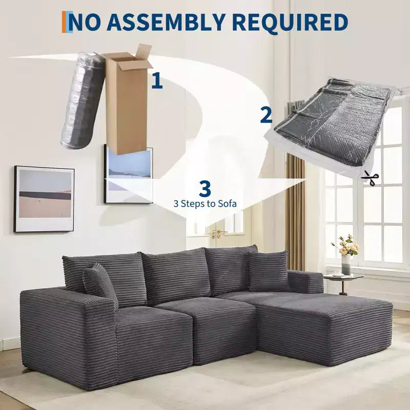Canapé moderne 108, canapé 3 places rembourré en forme de L avec oreillers, canapé à assise profonde, aucun assemblage requis