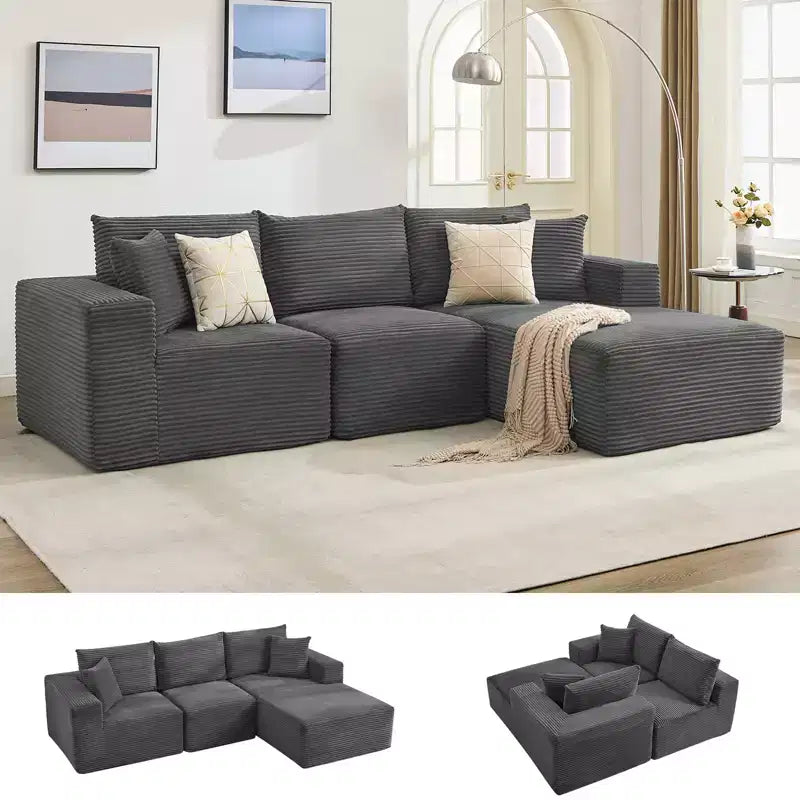 Canapé moderne 108, canapé 3 places rembourré en forme de L avec oreillers, canapé à assise profonde, aucun assemblage requis
