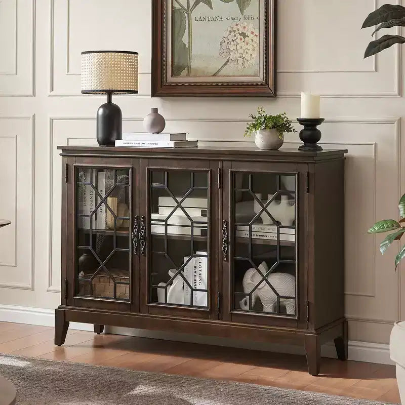 Bahut en Noyer Foncé Élégant avec Trois Portes et Quatre Compartiments - Idéal pour l'Organisation et la Décoration de la Maison