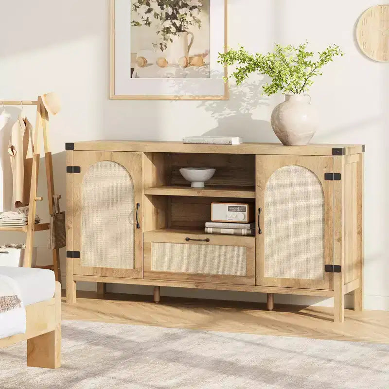 47.2'' Rattan Buffet Cabinet with Storage, Kitchen Coffee Bar Cabinet with Doors and Drawer, Boho Farmhouse Sideboard