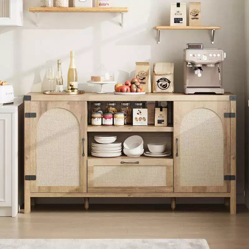 Meuble buffet en rotin de 47,2'' avec rangement, buffet de cuisine/bar à café avec portes et tiroir, buffet de style bohème/ferme