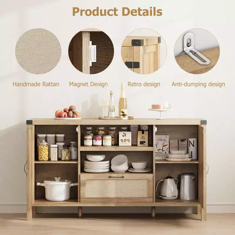 Meuble buffet en rotin de 47,2'' avec rangement, buffet de cuisine/bar à café avec portes et tiroir, buffet de style bohème/ferme