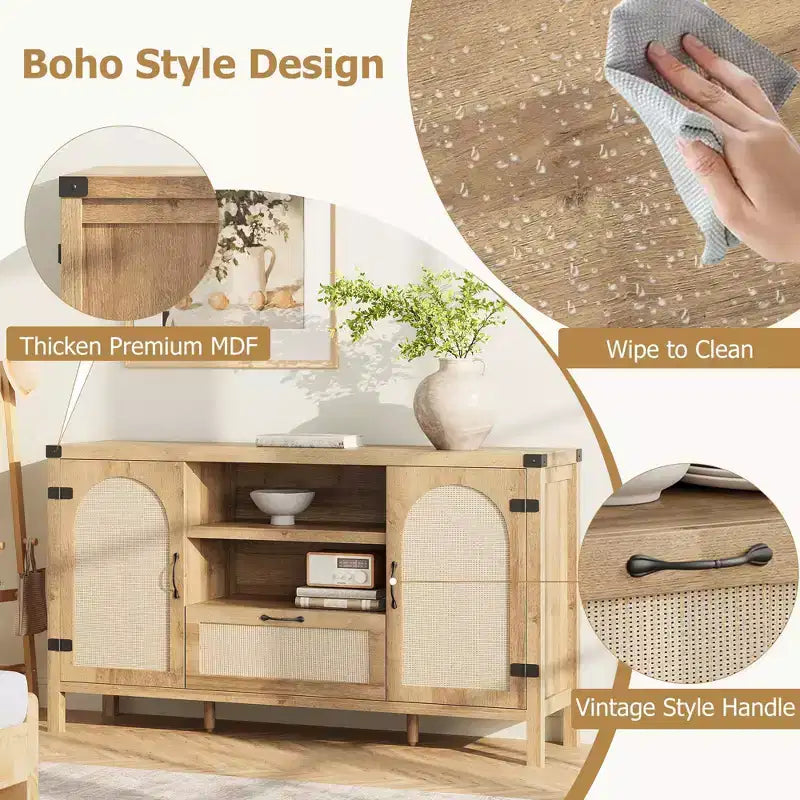 Meuble buffet en rotin de 47,2'' avec rangement, buffet de cuisine/bar à café avec portes et tiroir, buffet de style bohème/ferme