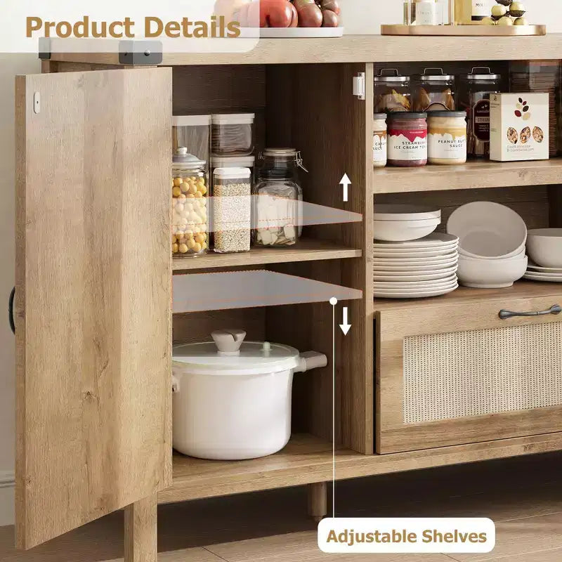 Meuble buffet en rotin de 47,2'' avec rangement, buffet de cuisine/bar à café avec portes et tiroir, buffet de style bohème/ferme