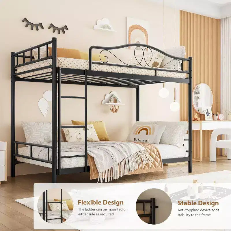 Lit superposé en métal jumeau sur jumeau, avec échelle et garde-corps, capacité de 180 kg pour chambre d'enfant, noir