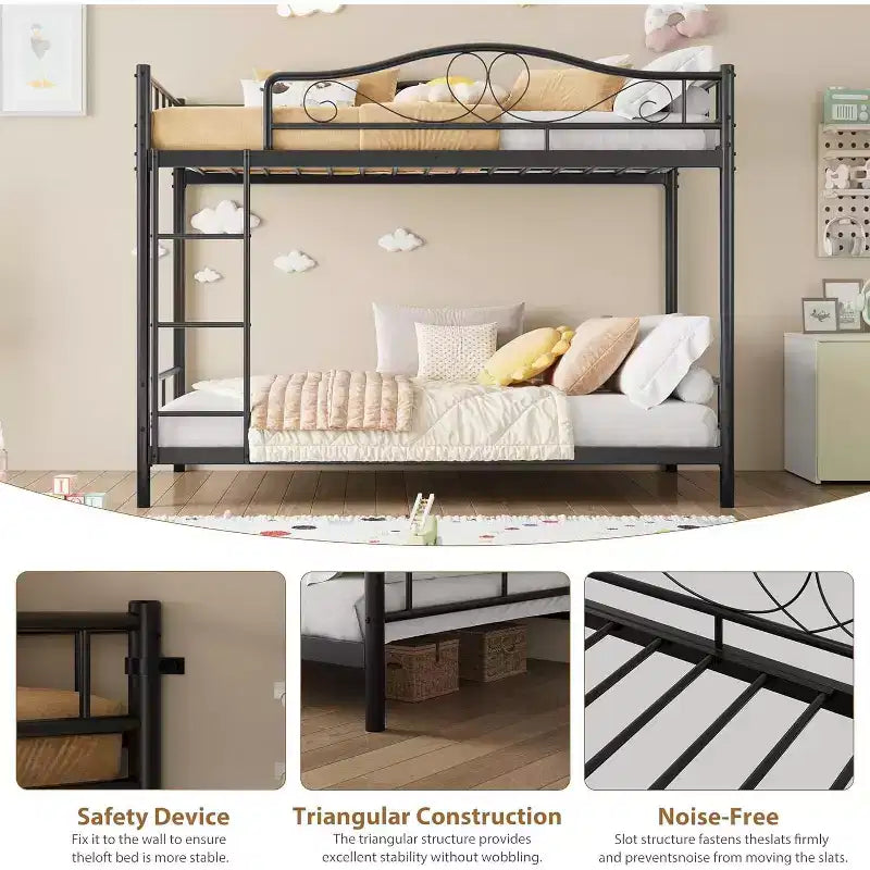 Lit superposé en métal jumeau sur jumeau, avec échelle et garde-corps, capacité de 180 kg pour chambre d'enfant, noir