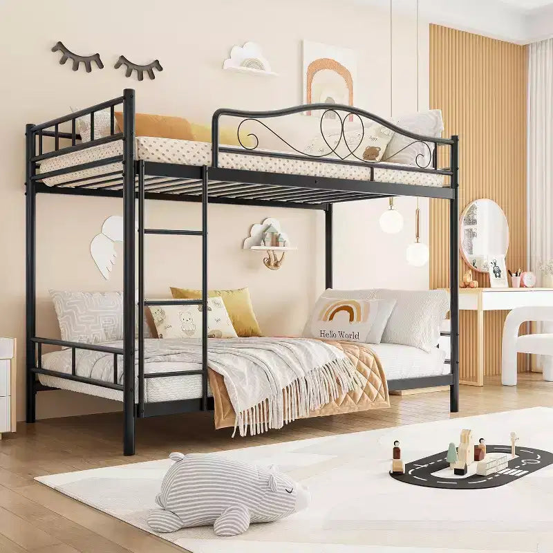Lit superposé en métal jumeau sur jumeau, avec échelle et garde-corps, capacité de 180 kg pour chambre d'enfant, noir