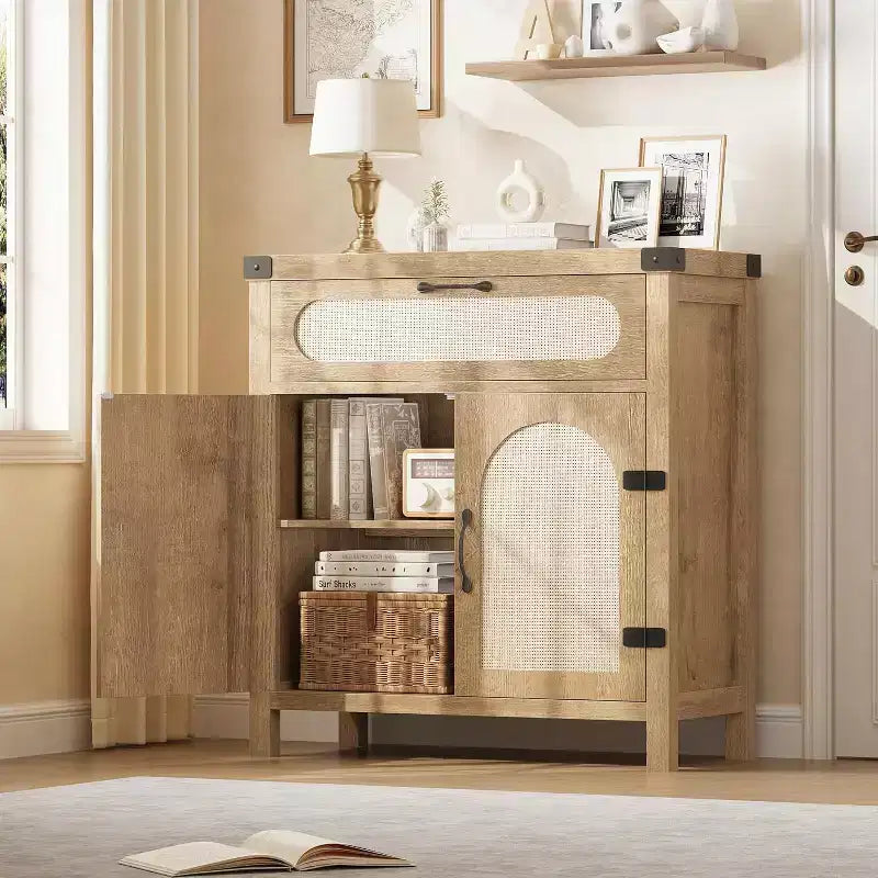 Rattan Sideboard Buffet Cabinet, with Drawer & Farmhouse Coffee Bar for Dining & Living Room, Natural Wood