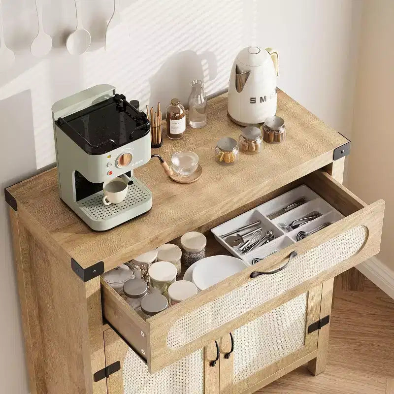 Buffet en rotin avec tiroir et bar à café rustique pour salle à manger et salon, bois naturel