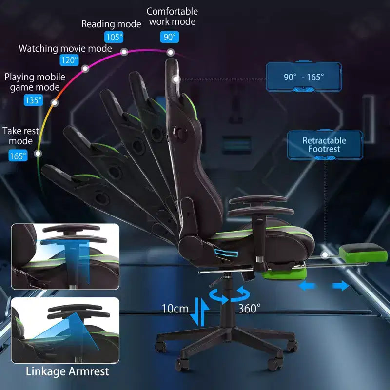 Chaise de jeu inclinable de massage Chaise de bureau ergonomique pour PC avec haut-parleur Bluetooth et lumière RVB