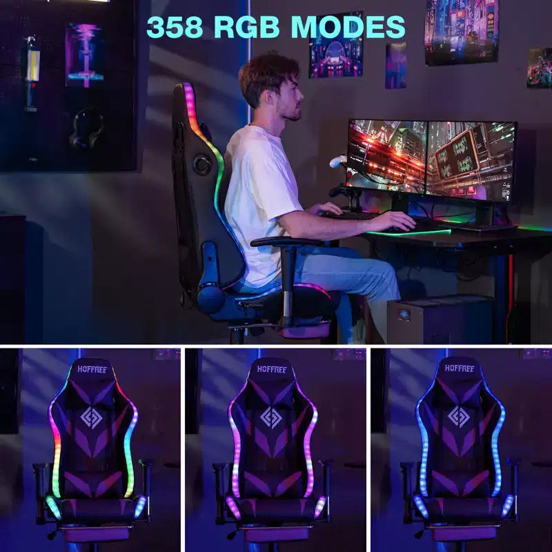 Chaise de jeu inclinable de massage Chaise de bureau ergonomique pour PC avec haut-parleur Bluetooth et lumière RVB