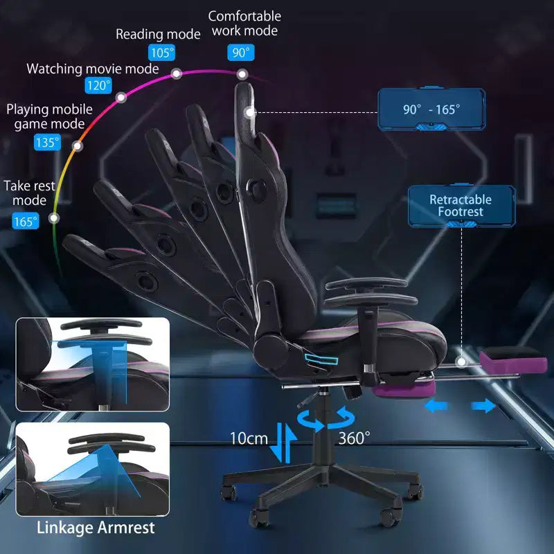 Chaise de jeu inclinable de massage Chaise de bureau ergonomique pour PC avec haut-parleur Bluetooth et lumière RVB