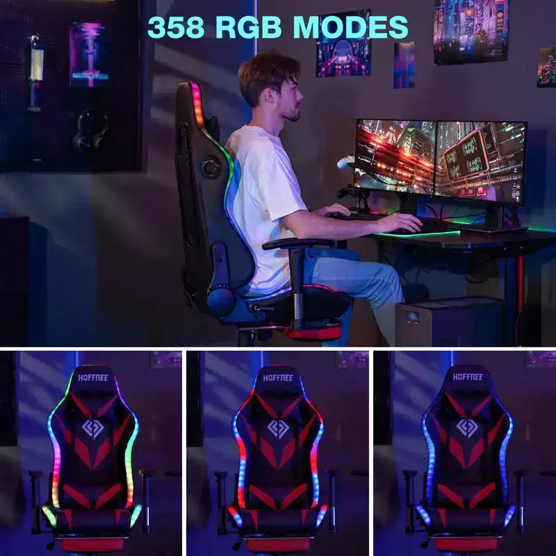 Chaise de jeu inclinable de massage Chaise de bureau ergonomique pour PC avec haut-parleur Bluetooth et lumière RVB