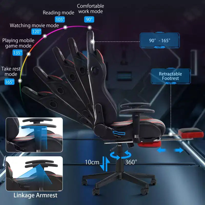 Chaise de jeu inclinable de massage Chaise de bureau ergonomique pour PC avec haut-parleur Bluetooth et lumière RVB