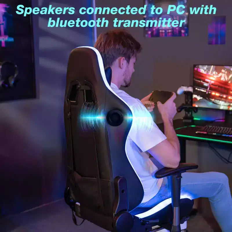 Chaise de jeu inclinable de massage Chaise de bureau ergonomique pour PC avec haut-parleur Bluetooth et lumière RVB
