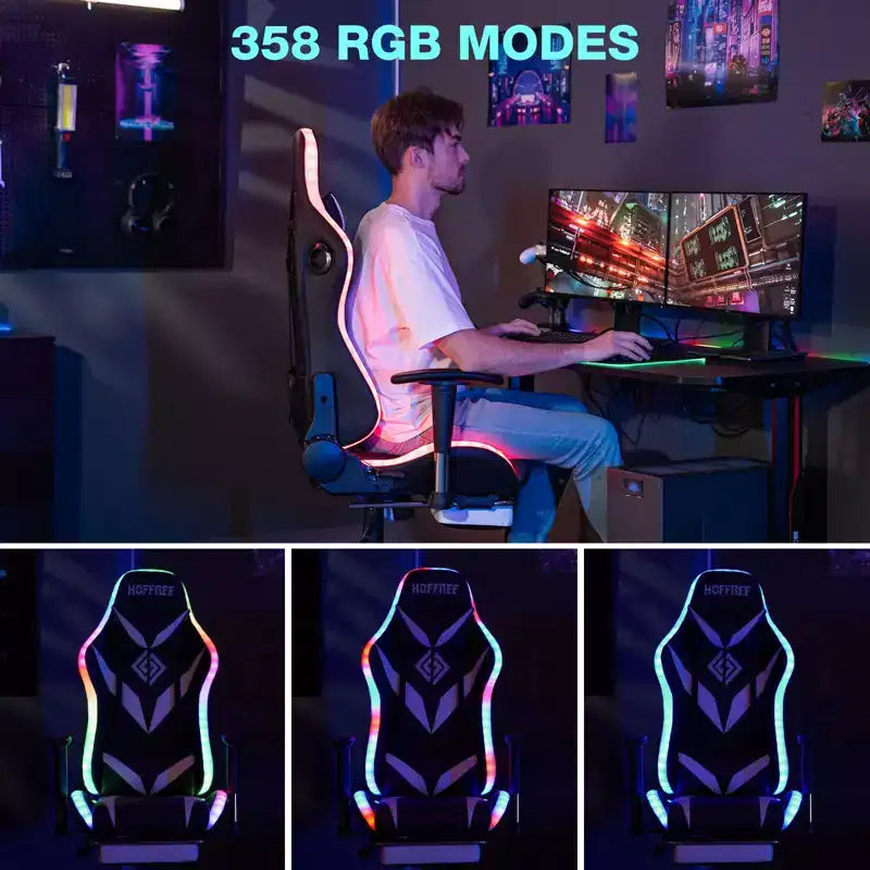 Chaise de jeu inclinable de massage Chaise de bureau ergonomique pour PC avec haut-parleur Bluetooth et lumière RVB