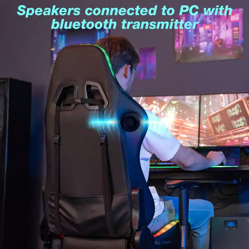 Chaise de jeu inclinable de massage Chaise de bureau ergonomique pour PC avec haut-parleur Bluetooth et lumière RVB