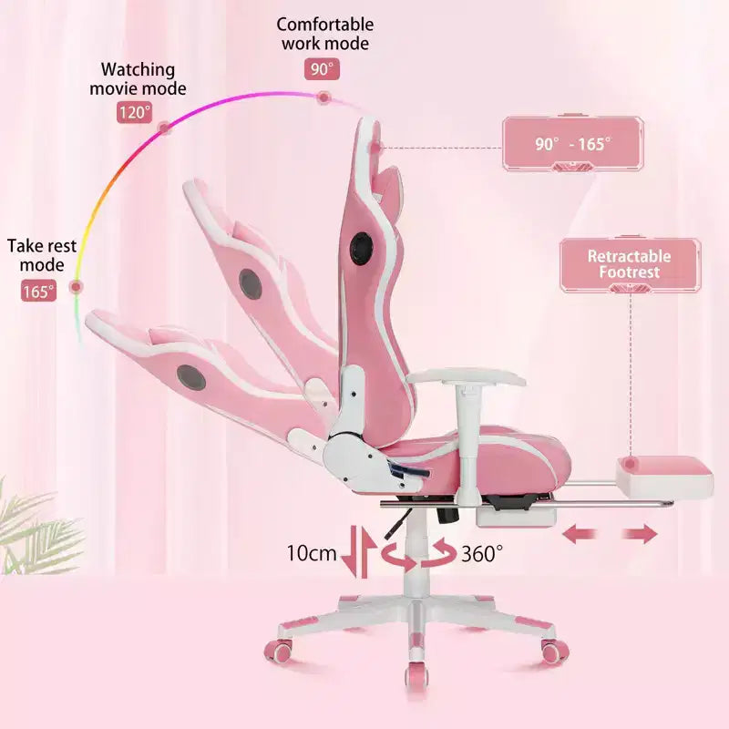 Chaise de jeu inclinable de massage Chaise de bureau ergonomique pour PC avec haut-parleur Bluetooth et lumière RVB