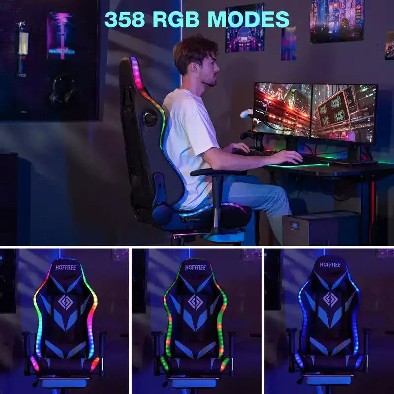 Chaise de jeu inclinable de massage Chaise de bureau ergonomique pour PC avec haut-parleur Bluetooth et lumière RVB