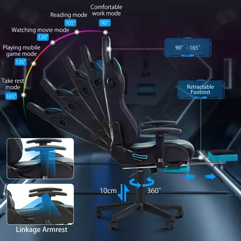 Chaise de jeu inclinable de massage Chaise de bureau ergonomique pour PC avec haut-parleur Bluetooth et lumière RVB
