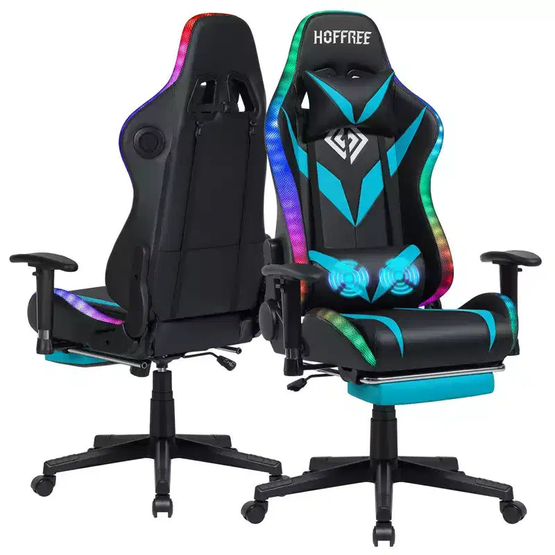 Hoffree Massage Reclining Gaming Chair Ergonomic Office PC Chair with Bluetooth Speaker & RGB Light