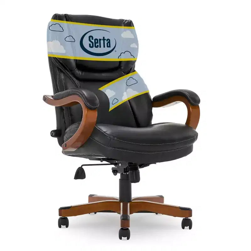 Executive Office Chair in Black Bonded Leather - Serta: High-Density Foam, Fixed Arms, Wood Frame