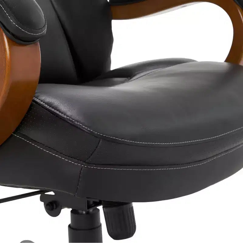 Fauteuil de bureau de direction en cuir reconstitué noir, mousse haute densité, accoudoirs fixes, cadre en bois