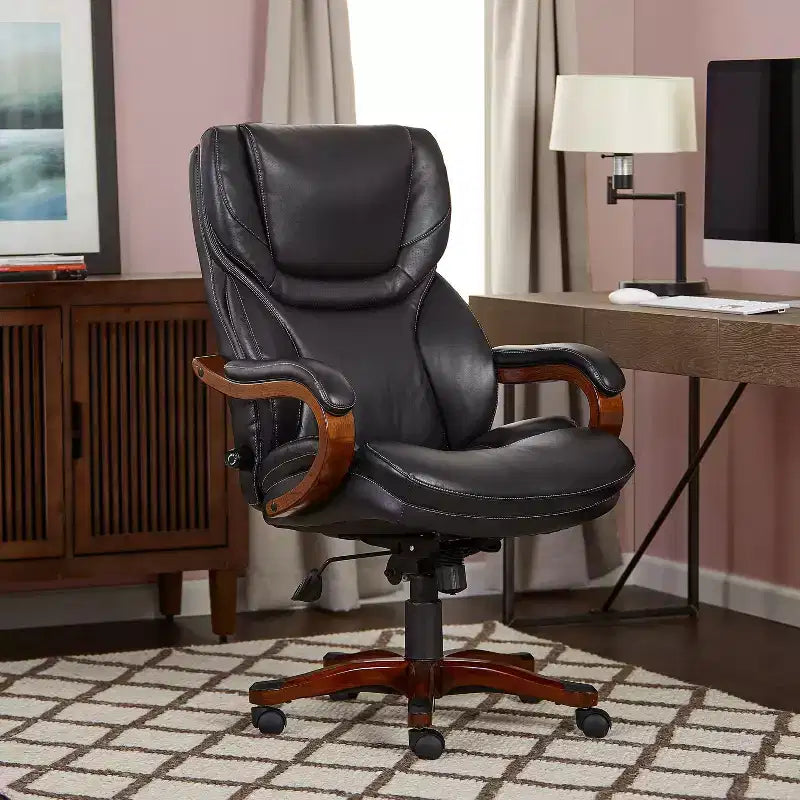 Fauteuil de bureau de direction en cuir reconstitué noir, mousse haute densité, accoudoirs fixes, cadre en bois