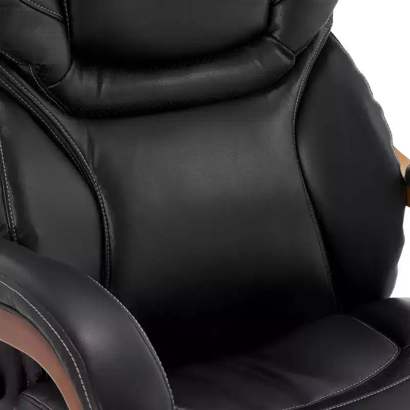 Fauteuil de bureau de direction en cuir reconstitué noir, mousse haute densité, accoudoirs fixes, cadre en bois