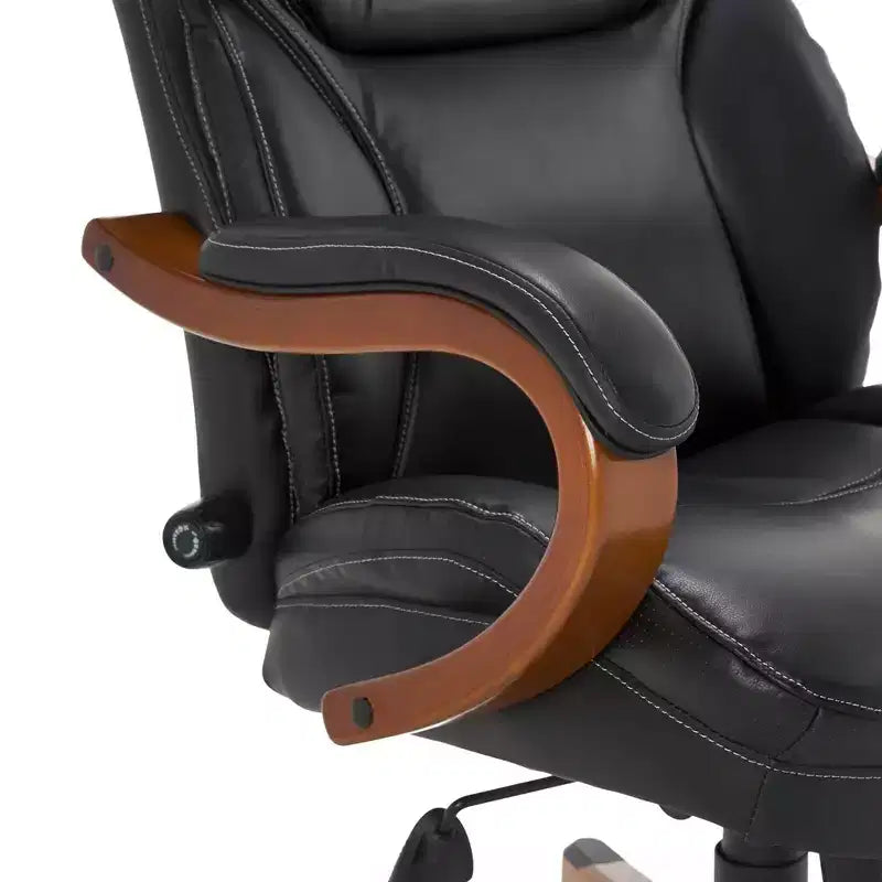 Fauteuil de bureau de direction en cuir reconstitué noir, mousse haute densité, accoudoirs fixes, cadre en bois