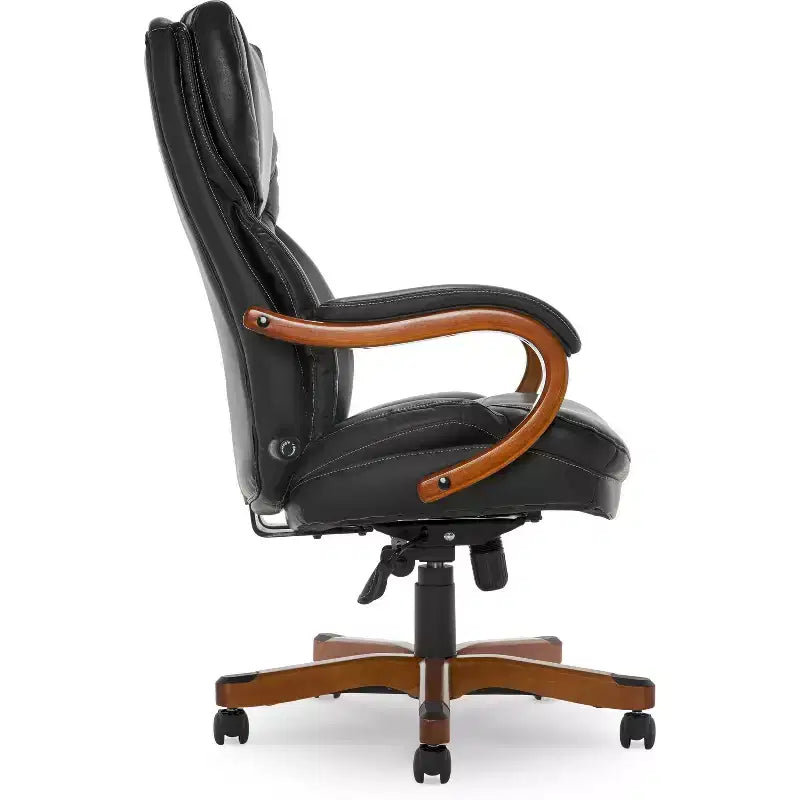 Fauteuil de bureau de direction en cuir reconstitué noir, mousse haute densité, accoudoirs fixes, cadre en bois