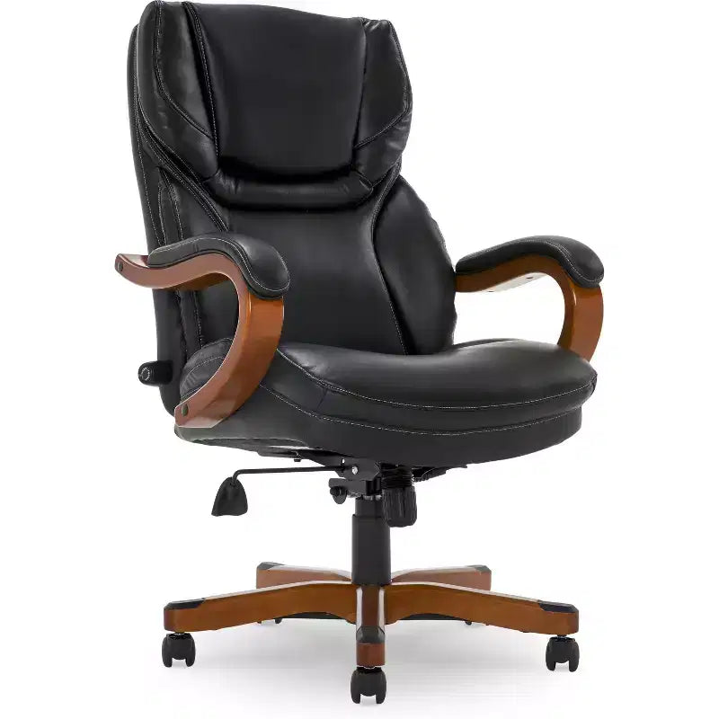 Fauteuil de bureau de direction en cuir reconstitué noir, mousse haute densité, accoudoirs fixes, cadre en bois