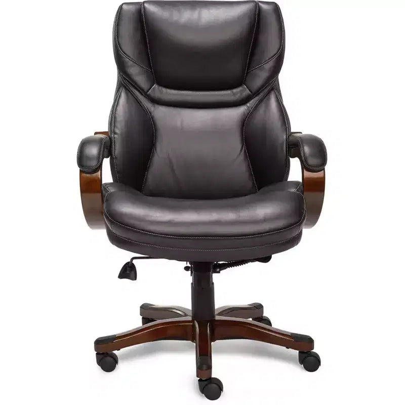 Fauteuil de bureau de direction en cuir reconstitué noir, mousse haute densité, accoudoirs fixes, cadre en bois