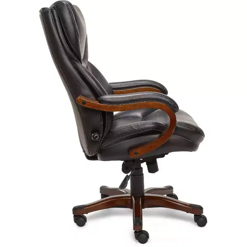 Fauteuil de bureau de direction en cuir reconstitué noir, mousse haute densité, accoudoirs fixes, cadre en bois