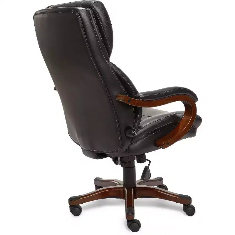 Fauteuil de bureau de direction en cuir reconstitué noir, mousse haute densité, accoudoirs fixes, cadre en bois