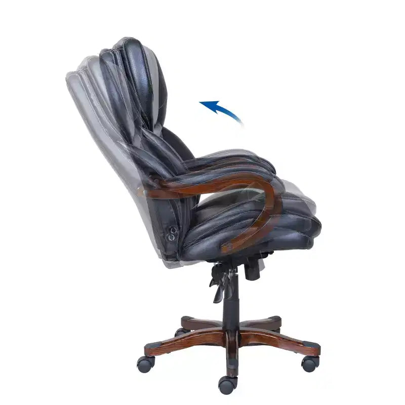 Fauteuil de bureau de direction en cuir reconstitué noir, mousse haute densité, accoudoirs fixes, cadre en bois